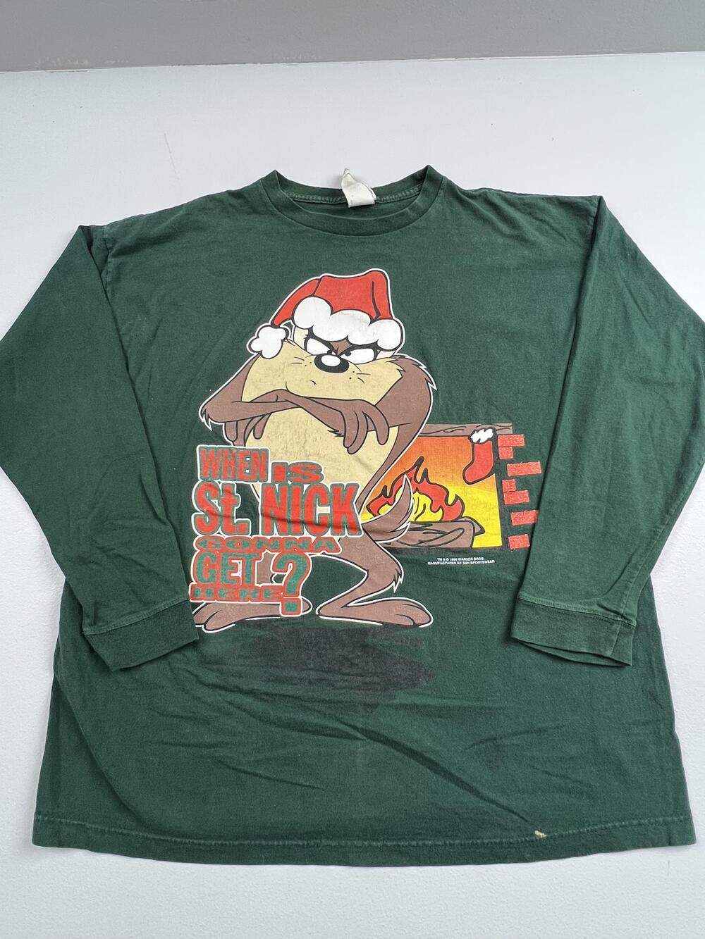 Vintage Taz Sun Sportswear Shirt Mens L Green Looney Tunes Christmas Tee 1996